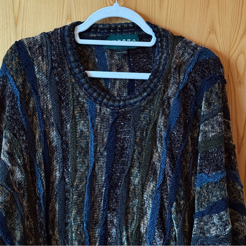 Vintage 90s Tundra Canada Sweater 3XLT XXXLT Coogi Style 3D Knit Blue Brown - Picture 2 of 12